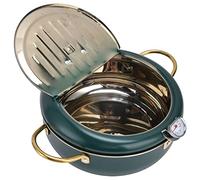 Friteuse Tempura en Acier Inoxydable 304, 24cm Marmite à Frire Japonaise, Mini Friteuse à Température Contrôlable avec Thermomètre et Couvercle pour Frites Tempura, Poisson et Poulet (Vert foncé)