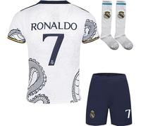 FRKN Trikot Madrid Maillot de Football #7 Dragon Blanc pour Enfants, Design Spécial, Coffret Cadeau, Édition Limitée, Livré avec Un Short Et des Chaussettes (Blanc Foncé, 16..)