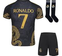FRKN Trikot R. Madrid Maillot de Football #7 Dragon Noir Or pour Enfants Blanc Foncé, Design Spécial, Coffret Cadeau, Édition Limitée, Livré avec Un Short Et des Chaussettes (Noir, 26)