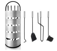 Froadp 5 pièces Kit de Nettoyage de Cheminées Serviteur de Cheminée Compris Tisonnier, Pelle à Cendres, Balai, Pince et Support Outils de Ramonage en Acier Inoxydable pour Cuisine Maison (Argent)