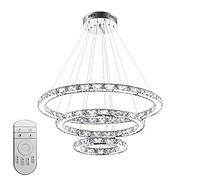 Froadp 72W Lampe à Suspension en Cristal à Trois Anneaux, Lampe de Plafond LED Moderne, Plafonnier en Acier Inoxydable, Suspension de Cuisine, lustre de Chambre, Dimmable, Ø20cm+Ø40cm+Ø60cm