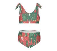 FRODOTGV Ensemble bikini deux pièces avec motif patchwork arbre de Noël et ange pour filles, maillot de bain à encolure dégagée, maillot de bain mignon à bretelles, Motif patchwork sapin de Noël et