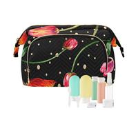 FRODOTGV Grand sac de voyage à fleurs rouges avec feuille verte - Sac de voyage pour salle de bain - Fermeture éclair - Pour femme, Fleur rouge avec feuille verte, 1 Size