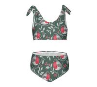 FRODOTGV Maillot de bain 2 pièces pour fille Motif oiseaux et baies Vert foncé, Oiseau de Noël vert foncé, 11-12 ans
