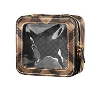 FRODOTGV Petite trousse de maquillage transparente à pois noirs sur fond rose pour filles - Organiseur de maquillage portable - Sac de toilette de voyage, Pied de poule marron, 1 Size
