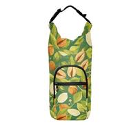 FRODOTGV Sac à dos à bandoulière avec cordon de serrage et porte-bouteille d'eau - Motif feuilles vertes et noix - Pour la randonnée - Convient aux bouteilles de 50/61/81/1,18 ml