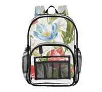FRODOTGV Sac à dos transparent avec poche latérale en PVC transparent Motif fleurs de printemps Blanc/rouge, Fleurs de printemps blanc rouge, 1 size, Fleurs de printemps blanc rouge, Taille unique
