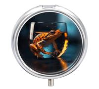 Frog in The Glass Pilulier de voyage à 3 compartiments 3 fois par jour - Joli mini pilulier pour sac à main et poche - Boîte à médicaments portable en métal avec miroir - Récipient rond pour