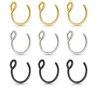 Frogetu Lot de 9 faux piercings en acier inoxydable,3 couleurs,pour nez,lèvre,septum,oreille, hélix,Cartilage,anneaux de cerceau,pour homme et femme,bijoux,taille unique