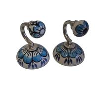 FROM INDIA BOUTIQUE Lot de 2 Crochets muraux, Patère murale, Porte-manteau en Céramique et Aluminium Fleur Bleue