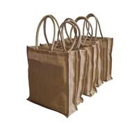 FROM INDIA BOUTIQUE Lot de 5 Sacs Cabas en Toile de Jute 100% Naturelle, Petit 40x43x12 cm, Beige