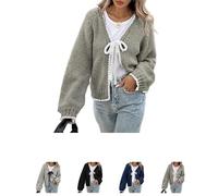 Fronage Bow Tie Front Cardigan pour femme, manches longues ouvert à l'avant Lace-Up Knit Sweater Casual Contraste Couleur Trim Coupe ample Vêtement d'extérieur léger, gris et blanc, XL