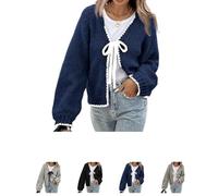Fronage Bow Tie Front Cardigan pour femme, manches longues ouvert à l'avant Lace-Up Knit Sweater Casual Contraste Couleur Trim Coupe ample Vêtement d'extérieur léger, bleu, S