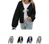Fronage Bow Tie Front Cardigan pour femme, manches longues ouvert à l'avant Lace-Up Knit Sweater Casual Contraste Couleur Trim Coupe ample Vêtement d'extérieur léger, Noir , M
