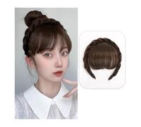 Front Hair Bangs Wig Fringe Hair Extensions Synthetic Fake Neat Bangs Wigs with Double Row Braids Headband Hair Accessories for Women Girls Hair Extensions(Dark brown)