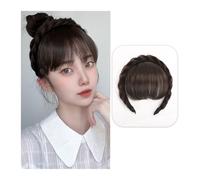 Front Hair Bangs Wig Fringe Hair Extensions Synthetic Fake Neat Bangs Wigs with Double Row Braids Headband Hair Accessories for Women Girls Hair Extensions(Brown black)