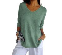 Frontaley Solid Color Knitted V-Neck Top, V-Neck Three-Quarter Sleeves Solid Color Knitted Bottoming Shirt (Green,M)