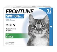 FRONTLINE Spot on Chat-Anti Puces, Tiques et Poux broyeurs-Protège L'Animal Pendant 4 Semaines Contre Les Puces, 2 Semaines Contre Les Tiques - Fabriqué en France-3 Pipettes Application Spot on