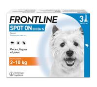 Frontline Spot on Chien - Anti Puces, Anti-Tiques et Poux - Élimine Puces Pendant 8 Semaines-Tiques Pendant 4 Semaines - pour Petit Chien 2 à 10 kg - Fabriqué en France - 3 Pipettes