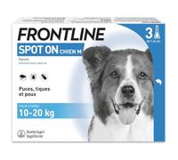 FRONTLINE Spot on Chien - Anti Puces, Anti-Tiques et Poux - Élimine Puces Pendant 8 Semaines-Tiques Pendant 4 Semaines - pour Chien 10 à 20 kg - Fabriqué en France - 3 Pipettes