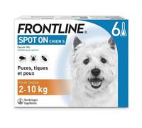 FRONTLINE Spot On Chien - Anti Puces, Anti-Tiques & Poux broyeurs - Élimine Puces Pendant 2 Mois /Tiques Pendant 1 Mois - Pour Petit Chien 2 à 10 kg - Fabriqué En France - 6 Pipettes