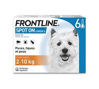 FRONTLINE Spot On Chien - Anti Puces, Anti-Tiques & Poux broyeurs - Élimine Puces Pendant 2 Mois /Tiques Pendant 1 Mois - Pour Petit Chien 2 à 10 kg - Fabriqué En France - 6 Pipettes