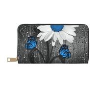 FROON Long portefeuille en similicuir avec motif marguerite blanche et bleue pour femme moderne, grande capacité, porte-cartes et poches de rangement, sac à main durable pour voyage quotidien, blanc,