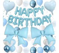 Froova Décorations d'anniversaire avec nœud bleu pastel bleu clair métallisé et nœuds blancs imprimés ballons de fête d'anniversaire 96,5 cm ballons en aluminium en forme de cœur pour hommes et