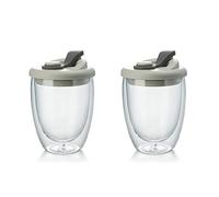 FROOWAN Lot de 2 tasses à café en verre à double paroi avec couvercles, tasses de voyage isothermes pour boissons chaudes et froides, 473,6 g, transparent, verre borosilicate, anti-déversement,