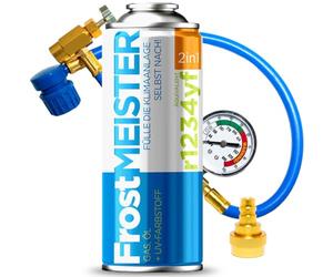 FrostMEISTER Kit de recharge 2 en 1 pour climatiseur de voiture 400 ml avec tuyau avec manomètre et adaptateur - Remplacement rapide et facile du réfrigérant pour R1234YF (à partir de 2017)