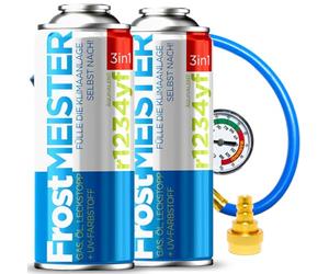 FrostMEISTER Kit de recharge 3 en 1 pour climatisation de voiture (2 boîtes de 400 ml + tuyau avec manomètre et adaptateur) - Liquide froid de rechange, huile de compresseur et mastic pour R1234yf (à