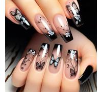 FrostyFlair 24 pièces ongles à presser, ongles papillon noir, taille moyenne, cercueil avec fleur blanche brillante, ongles faux aux dégradés de couleurs