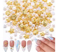 FrostyFlair Breloques pour ongles, 100 pièces breloques pour ongles sirène coquillage étoile de mer perles strass or blanc, set de breloques nail art, accessoires de décoration pour ongles,