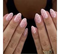 FrostyFlair Polka Dot Ongles Pressés en Amande, 24 Pièces Ongles Pressés Courts & Ongles à Coller, Ongles Français Rose Doux avec Points Blancs, Ongles Artificiels Réutilisables