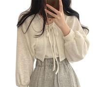 Frotox Cardigan Léger pour Femmes À Lacets Été Tricots avec Manches Lanterne Style Coréen Manteau Court pour Gilet T-Shirt Crème Solaire Haut