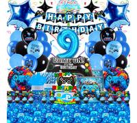 Frotox Décoration d'anniversaire jeu Vidéo 9 Ans pour Garçons - 93 pièces Set Ballons d'anniversaire, Vaisselle en Bleu et noir, Haute Qualité et Respectueux de l'environnement, Facile à Assembler