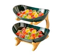 Fruit Basket - Stylish Storage For Everyday Treats & Special Occasions | Ceramic With Wood Stand 2-Tier Oval Organizer Space-Saving Elegant For Nuts Salad Candy Chocolate, Dessert Home Office Living