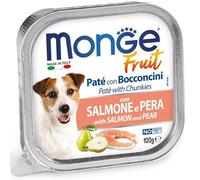 Fruit humide Monge Fresh pour chiens de toutes tailles avec fruits, goût saumon avec poire | 32 bacs de 100 grammes chacun.