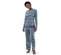 Fruit of the Loom Long Sleeve Tee and Pant 2 Piece Sleep Set Ensemble de Pijama, Rayures Bleues, XL Femme