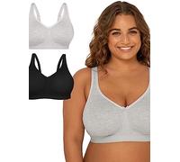 Fruit of the Loom Plus Size Wireless Cotton Bra Soutien-Gorge à Couverture Totale, Mat, Gris chiné/Ton Noir, 100G (Lot de 2) Femmes