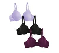 Fruit of the Loom Smooth Cotton T-Shirt Bra-Ultra-Soft, Flexible, and Invisible Under Tees Soutien-Gorge, Opaque, Lilas Whisper/Velours Violet/Noir, 36E (Lot de 3) Femme