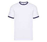Fruit of the Loom Valueweight Ringer T | T-shirt classique à col rond avec rayures contrastées | 100 % coton, haut, Blanc/bleu marine, L