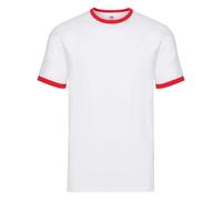 Fruit of the Loom Valueweight Ringer T | T-shirt classique à col rond avec rayures contrastées | 100 % coton, haut, Corps blanc/manches rouges, L