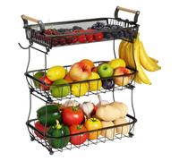 Fruit Stand, 3 Tier Basket Organizer, Kitchen Counter Storage Rack, Sturdy Metal Frame, Built in Banana Hangers, Black Matte Finish, for Fruits, Vegetables, Snacks, Bread, Pantry, Home, Restaurant,