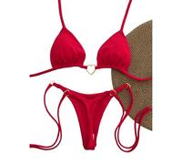 Fryloo Maillot de Bain Ensemble Bikini Blanc Taille Basse pour Femme - Deux Pièces À Lacets Couleur Unie, D'été La Plage Et Piscine-Rouge-s