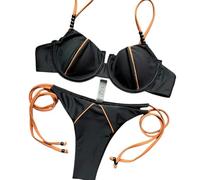 Fryloo Maillot de Bain Féminin Néon Jaune Bikini, Haut Balconette sous-Fil avec Rose Trim & Perles Cravate Côté Bas, Couleur Contraste 2 Pièces