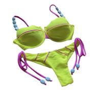 Fryloo Maillot de Bain Féminin Néon Jaune Bikini, Haut Balconette sous-Fil avec Rose Trim & Perles Cravate Côté Bas, Couleur Contraste 2 Pièces