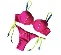 Fryloo Maillot de Bain Féminin Néon Jaune Bikini, Haut Balconette sous-Fil avec Rose Trim & Perles Cravate Côté Bas, Couleur Contraste 2 Pièces