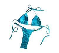 Fryloo Maillot de Bain Femmes Brillant Léopard Bikini Set, Triangle Halter Top avec Pearl Détail & Chaîne Side Thong, Micro Maillots pour La Plage Piscine Vacances D'été