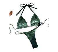 Fryloo Maillot de Bain Femmes Brillant Léopard Bikini Set, Triangle Halter Top avec Pearl Détail & Chaîne Side Thong, Micro Maillots pour La Plage Piscine Vacances D'été